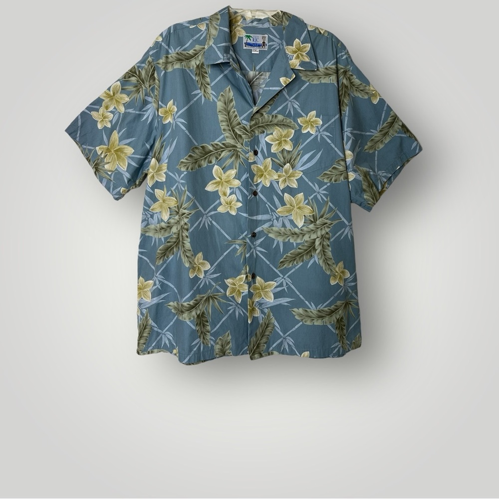 RJC Men's Hawaiian Button Up Shirt‎ 2XL Light Blue Floral Short Sleeve Hawaii
